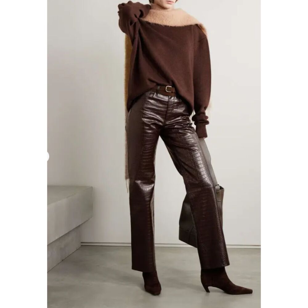 The Frankie Shop Dark Brown Croc-Embossed Straight Leg Pants